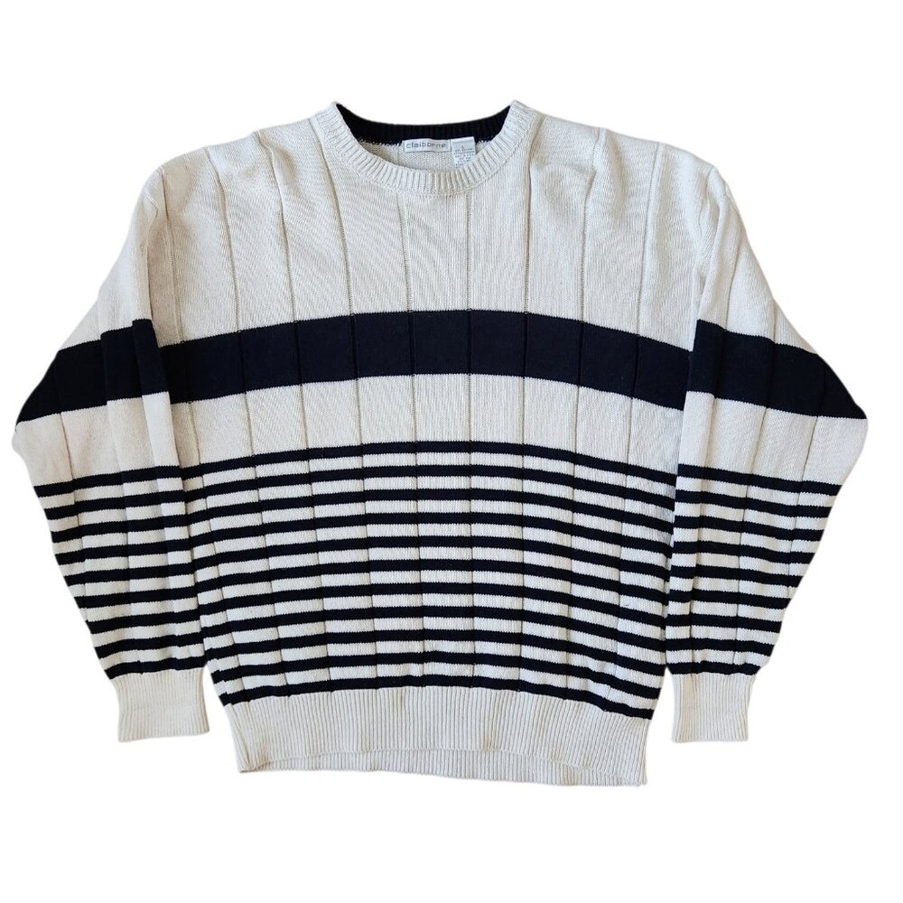 Vintage Men's Claiborne Long Sleeve Cotton Sweater Made in USA Size L Navy Cream